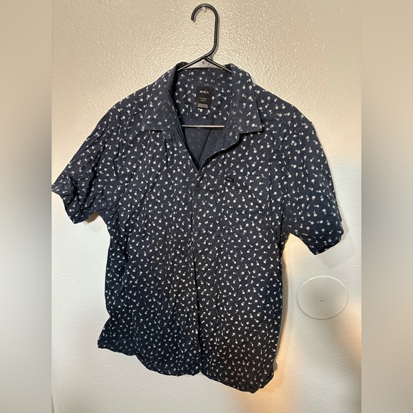 RVCA blue button up shirt floral collar dress men shirt size large - Picture 8 of 9